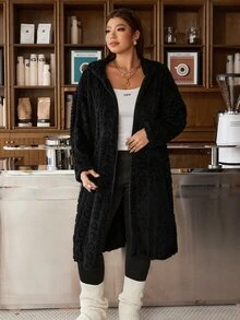 Muchica Plus-Size, Warm, Hooded, Mid-Length Winter Coat With Pockets-Perfect For Lounging At Home. - Black - View 3