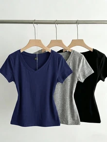 SHEIN EZwear 3件組女款夏季V領修身T恤，龐克次文化動漫純色基礎款短袖修身T恤 - 彩色 - 查看 3