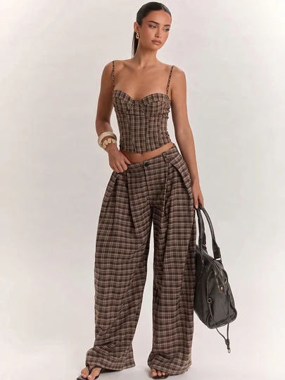 SHEIN BAE Women's Casual Commute Blue Textured Striped Loose Fit Pants, Suitable For Casual Commute, Casual Outing, Daily Wear, Casual Outing Wear, Practical Plaid Loose Fit Pants