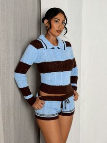 Glamine Setelan 2 Potong Sweater Kancing Setengah Plaket Bergaris 2026 + Celana Pendek Pinggang Serut - MultiWarna - View 4