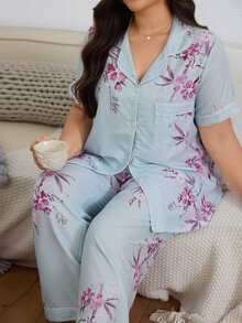 Serenescape Floral Print Bubble Crinkle Button-Down Lapel Short Sleeve Long Pants Plus Size Pajama Set - Blue - View 4