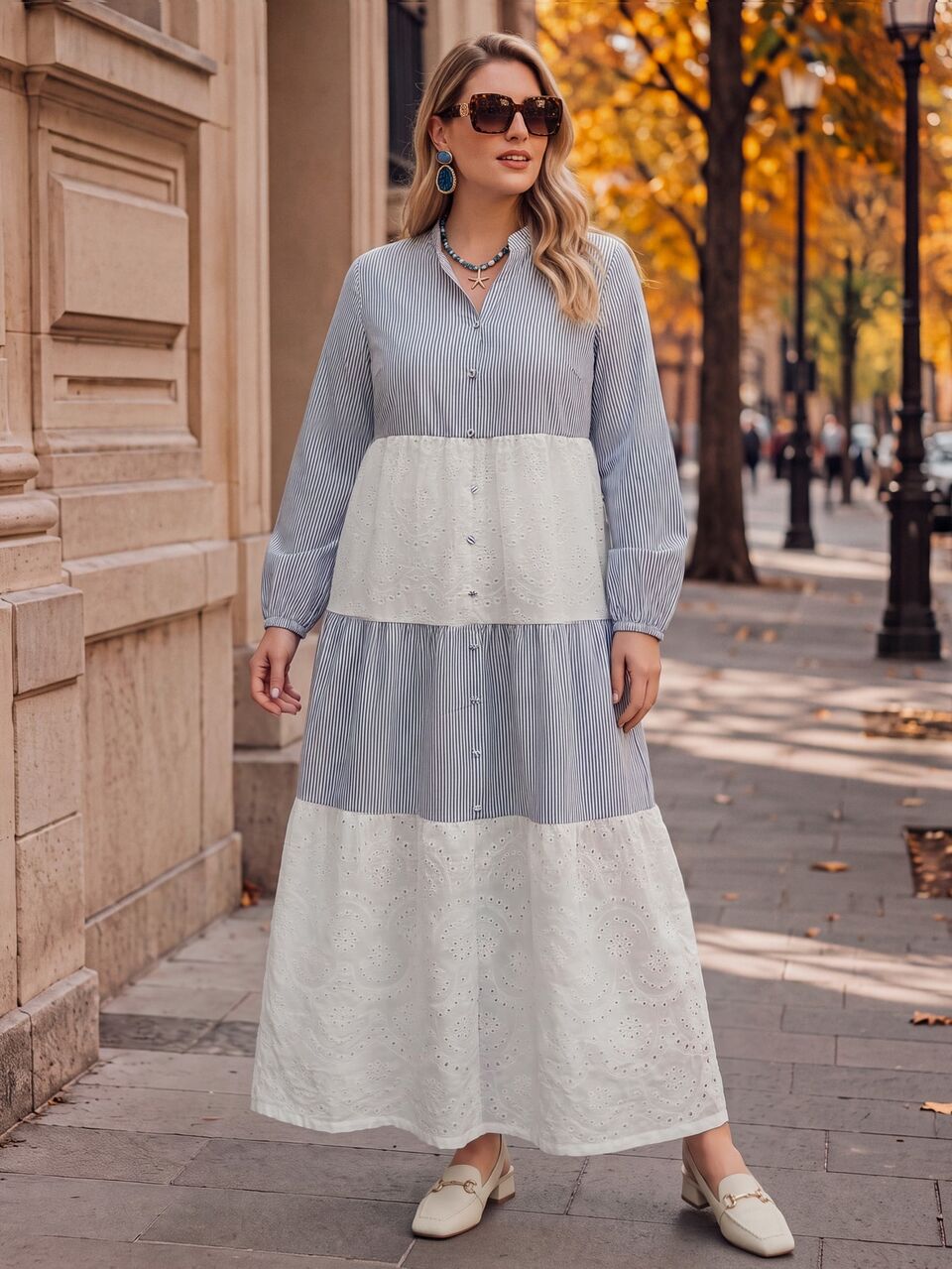 Plus Size Women's Autumn/Winter Casual Vacation Blue And White Striped Patchwork Embroidered Long Dress,Going Out Outfits,Daily Wear,Holiday,Fall,Boho