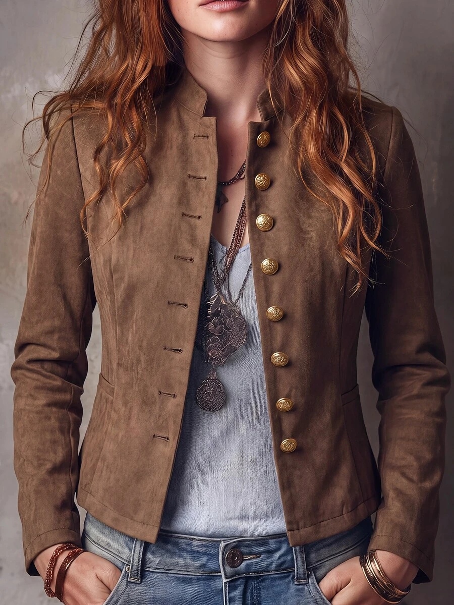 Solivie Women's Solid Color Casual Versatile Daily Long Sleeve Jacket - Coffee Brown - View 1