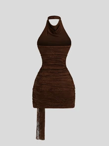 Sweetra Gaun Mini Pensil Cokelat Elegan dan Manis untuk Wanita, Model Baru dengan Detail Renda, Leher Berlipat, Punggung Terbuka, Rumbai, Gesper Logam, dan Pinggang yang Dikencangkan. - Hitam - View 2