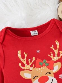 SHEIN Infant Baby Boy Girl Unisex Cute Christmas Pattern Reindeer Design Red Color Romper - Orange - View 4