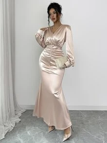 Elenzga Women's Solid Color V-Neck Pleated Elegant Waist-Cinching Party Dress - Champagne - View 6