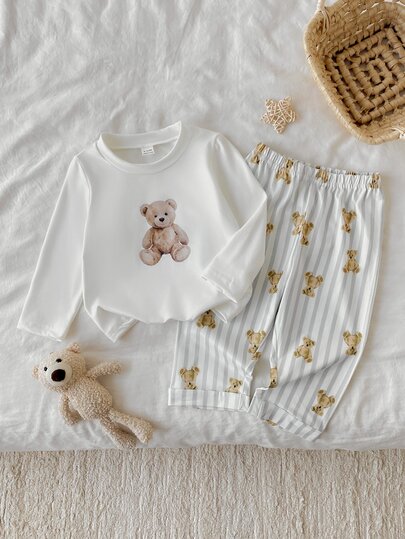 SHEIN Baby Boy Cute Bear Print Grey & White Striped Long Sleeve Top And Pants 2 Pieces Set, Elegant & Comfortable Loungewear