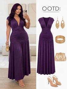 Poshavie Poshavie Plus Size Women Elegant Sexy Fashion Exquisite Long Dress Mature Modern Ruched Flowy Comfortable Suitable For Party Date Night Dark Purple - Purple - View 1