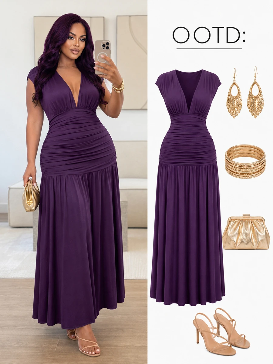 Poshavie Poshavie Plus Size Women Elegant Sexy Fashion Exquisite Long Dress Mature Modern Ruched Flowy Comfortable Suitable For Party Date Night Dark Purple - Purple - View 1