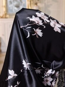 LuxeNights Floral Print Black Lace Deep V-Neck Backless Long Nightgown For Women - Black - View 7
