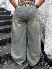 Jeanoix Celana Jeans Denim Ukuran Besar Pinggang Tinggi Longgar Kaki Lebar dengan Desain Jahitan Tepi Kasar Bergaya Subkultur Y2K Vintage - Light Wash - View 2