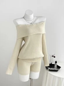 Elamini Women's Soft Versatile Off-Shoulder Sweater And Shorts 2 Pieces Set - Apricot - View 3