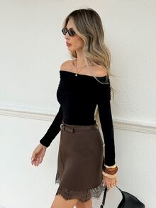SHEIN Frenchy Women's Solid Color Lace Patchwork Elegant Fashion Skirt - Brown - View 5