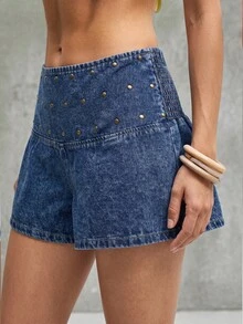 Bohemela Women's Studded Decor Casual Daily Wear Shorts - Blue - View 5