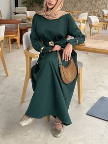 Solavon Women's Solid Color Metal Decor Casual Modest Elegant Party Office Tea Party Long Dress Dark Green Autumn - Dark Green - View 1