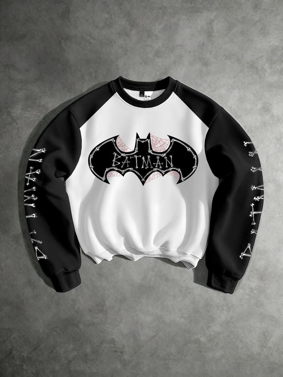 BATMAN X SHEIN Manfinity EMRG 男士蝙蝠圖案拼色圓領長袖運動衫 - 彩色 - 查看 1