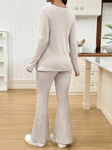 SHEIN Maternity Solid Color Long Sleeve Top And Adjustable Long Pants Casual Daily 2 Pieces Set - Khaki - View 2