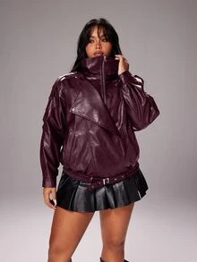 Rustia Plus Size Premium Street Style Cool Autumn New Loose Fit Versatile Fashion Motorcycle Leather Jacket - Red Violet - View 4