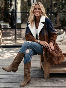 LanaWest Women's Lambswool Collar Colorblock Corduroy Jacket For Daily, Vacation And Commute - Coffee Brown - View 5