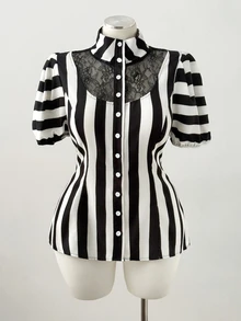 Sunspun Plus Size Halloween Striped Lace Patchwork Blouse - Multicolor - View 8