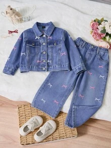 少女蝴蝶結刺繡圖案單排扣休閒日常牛仔夾克 牛仔女郎風 - 藍色 - 查看 4