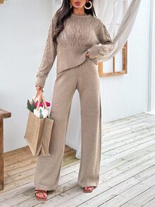 SHEIN مجموعة كاجوال نسائية مقاس صغير بلون موحد مع كنزة بياقة مجوفة وبنطلون كنزة - بيج - مشاهدة 3