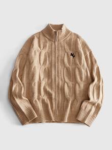 ROMWE MEN Men's Knight Embroidery Long Sleeve Zip-Up Casual Knit Cardigan - Camel - View 1