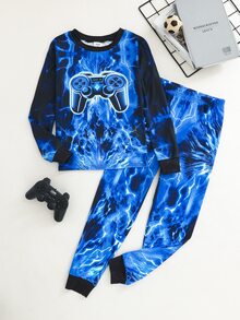 SHEIN 2件組兒童青少年男孩休閒日常舒適遊戲機印花圓領套頭睡衣上衣與長褲針織居家服修身套裝 - 彩色 - 查看 7