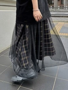 Dazy Tall Women's Plaid Mesh Patchwork Long Street Casual Skirt - Black - View 3