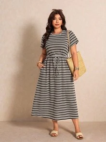 Elaquor Plus Size Casual Striped Vacation Dress - Brown - View 7