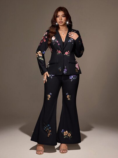 Viva Relle Plus Size Elegant Charming Slim Fit Business Suit Set, New Autumn/Winter Printed Pattern Blazer And Printed Pattern Pants, Height-Enhancing Slimming Suit, Suitable For Commuting, Business Dinner, Business Occasions