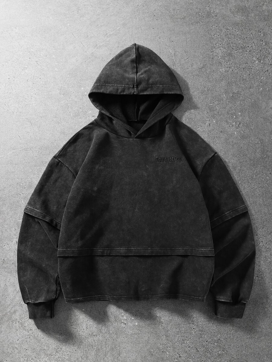 ROMWE MEN Men's Vintage Distressed Washed 2 In 1 Dark Streetwear Loose Hoodie - Black - View 1