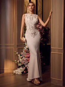 MOTF Soiréza WOMEN'S OCCASION WEAR BEADED EMBROIDERED FISH TAIL HEM DRESS - Apricot - View 1