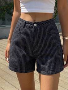DAZY Women's Minimalist Versatile Button Striped Pocket Shorts - Blue - View 5