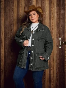 Breezaya Áo khoác denim nữ size lớn phong cách thường ngày, giặt mài, một hàng khuy - màu đen - Xem 6