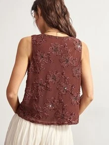 Bohemela Women's Cowl Neck Floral Textured Fashion Loose Tank Top - Brown - View 7