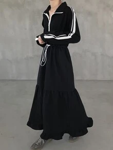 FRIFUL Women's Side Stripe Zipper Placket Drawstring Waist Casual Long Dress Fall - Black - View 5