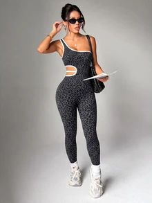 Slayform Slayform Women's One-Shoulder Leopard Print Colorblock Casual Daily Sports Jumpsuit - Black - View 7