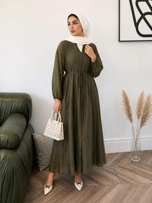Solavon Plus Size Women Solid Color Notch V-Neck Long Sleeve Waist Tie Casual Dress - Army Green - View 6