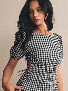 Poéselle 女款棉混紡黑白格紋圓領短版花瓣袖抽褶腰上衣 休閒復古法式夏季上衣 野餐早午餐穿搭 - 黑與白 - 查看 8