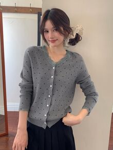 DAZY Women's V-Neck Lace Patchwork Polka Dot Casual Knit Cardigan Fall - Dark Grey - View 5