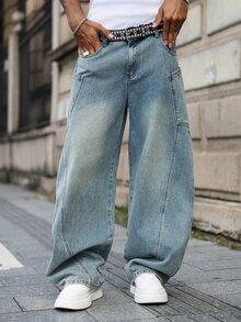 Major Grit Celana Jeans Denim Pria Model Lebar, Longgar, Kasual, Serbaguna dengan Kantong - Light Wash - View 5