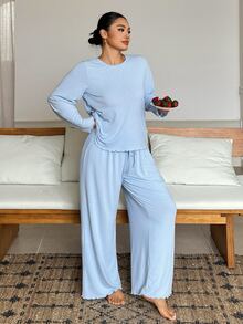 Dazy Plus Spring/Autumn Casual Solid Color Minimalist Knitted Dense Hem Wavy Edge Loungewear Set - Baby Blue - View 5