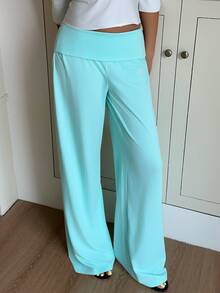 CovetEZ Mint Green Wide Leg Cuffed Pants, Suitable For Daily Summer Casual Wear, Suitable For Commuting, Gathering, Autumn/Winter/Spring/Summer, Christmas, New Year, Thanksgiving, Party, Wedding - Mint Green - View 3