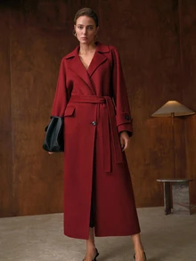 MOTF PREMIUM WOMEN'S WOOL LAPEL ELEGANT BACK SLIT LONG DOUBLE-FACED COAT, AUTUMN/WINTER - Burgundy - View 6