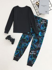 SHEIN 兒童青少年男孩修身款螢光遊戲機印花圓領長袖T恤與長褲套裝，柔軟舒適居家睡衣套裝 2件組 - 黑色 - 查看 2