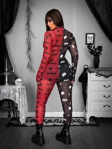 Whyspr BATMAN X SHEIN Plus Size Women's Colorblock Casual Everyday Jumpsuit - Red - View 2