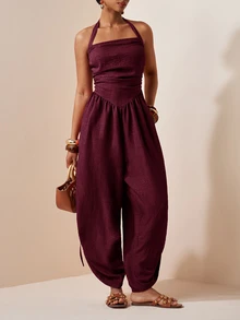 Zivah Women's Solid Color Pleated Side Drawstring Design Halter Neck Jumpsuit - Burgundy - View 10
