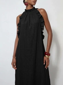 Zivah Women's Solid Color Patchwork Ruffle Halter Neck Dress For Vacation - Black - View 6