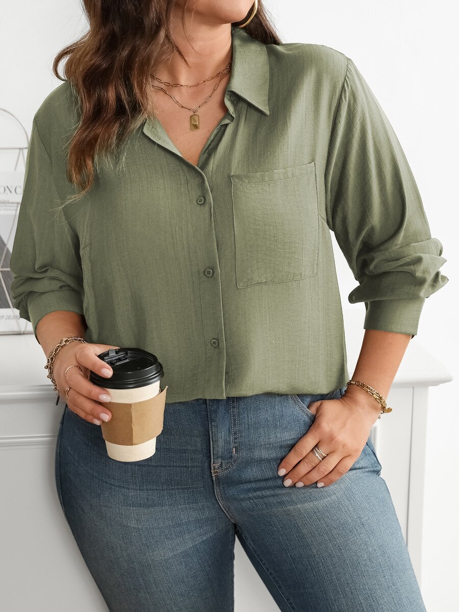 Vionelle Plus Size Women's Solid Color Casual Versatile Everyday Shirt - Green - View 1
